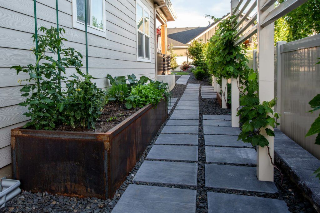 A narrow side yard with raised metal garden beds on the left, stone paver walkway in the center, and a white trellis with climbing plants on the right showcases expert hardscaping and landscaping by Copper Creek Landscaping next to a house with beige siding.