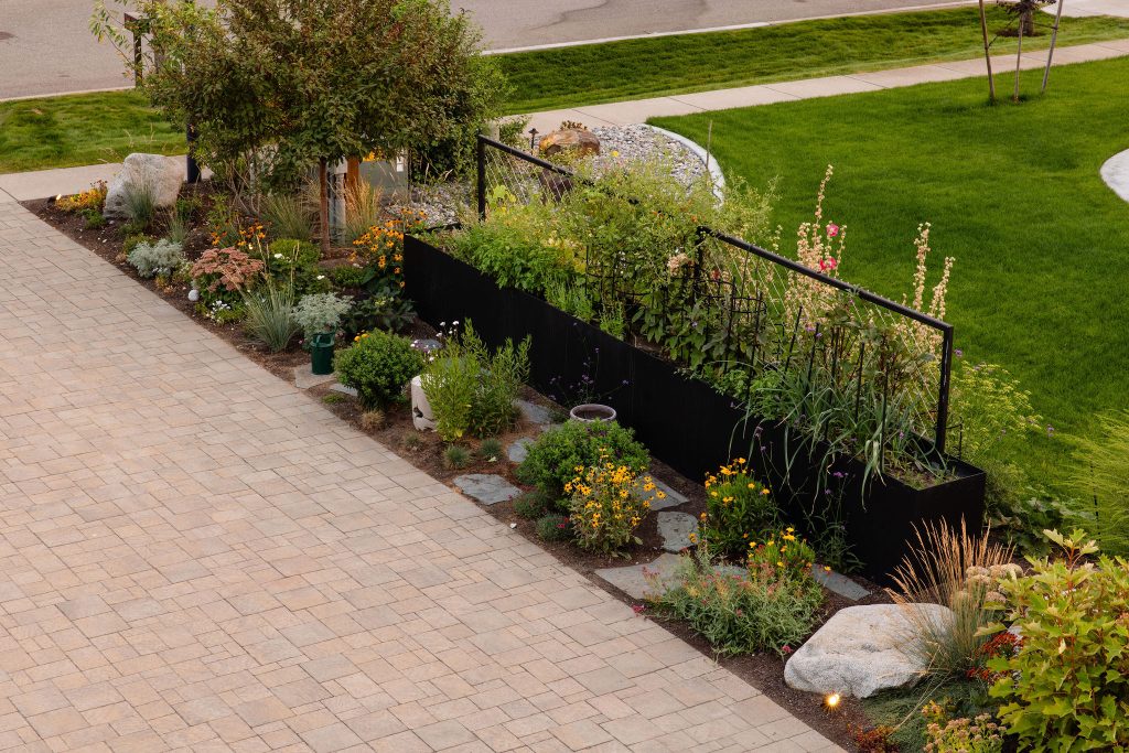 raised bed with plantings and pollinator garden